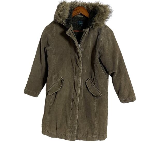 Child Mini Boden Corduroy Faux Fur Hooded Coat Brown Size 9-10